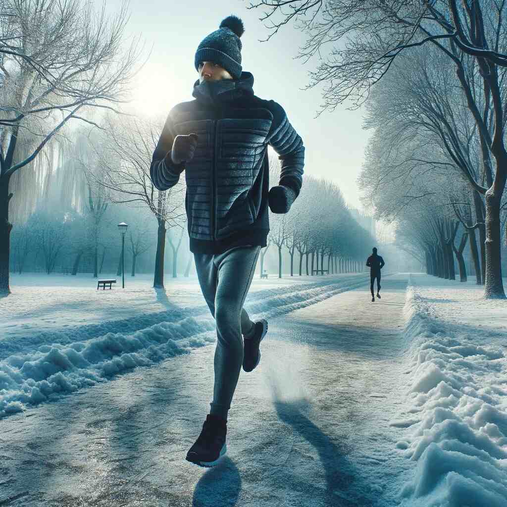 Here's a feature image representing the concept of running outside in the winter. It shows a person dressed in warm winter gear, jogging through a snowy park.