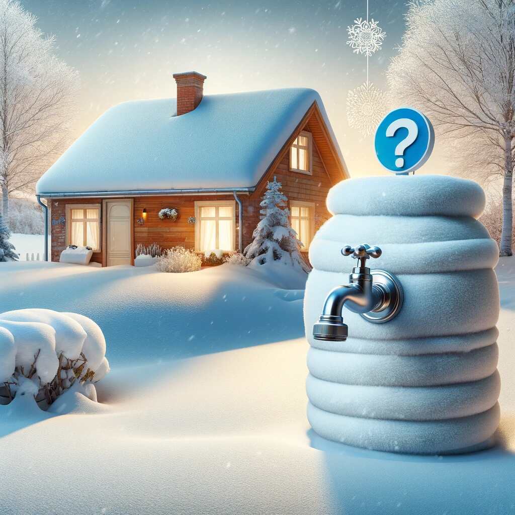 Here's a feature image visualizing the concept of using an outdoor faucet in winter, depicting a cozy, snow-covered home with the faucet insulated, and a question mark symbolizing the dilemma.