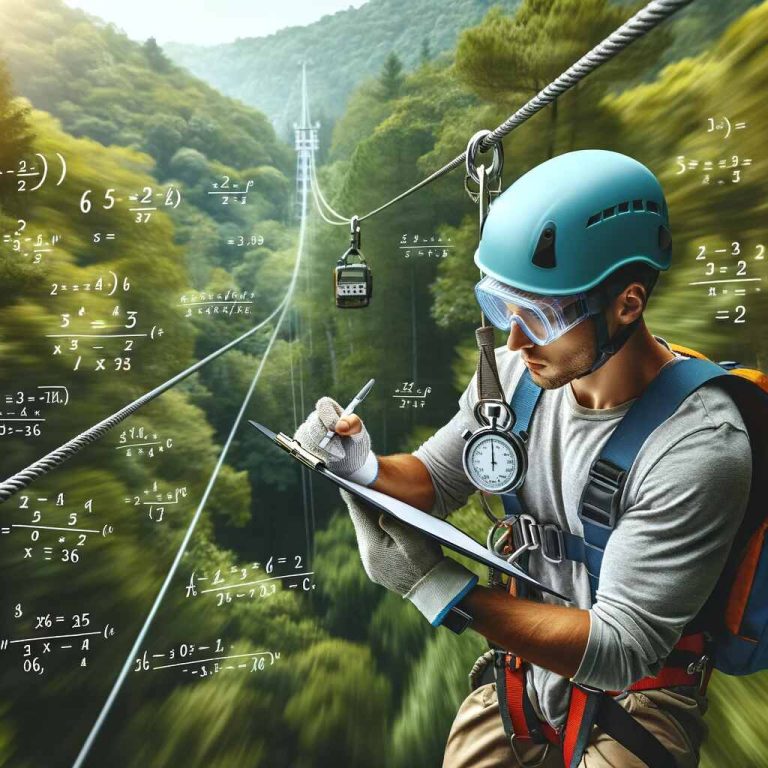 Here's the feature image for "Mastering the Art of Zipline Speed Calculation." It shows a person calculating speed with various elements indicating the process of speed and distance calculation while ziplining.