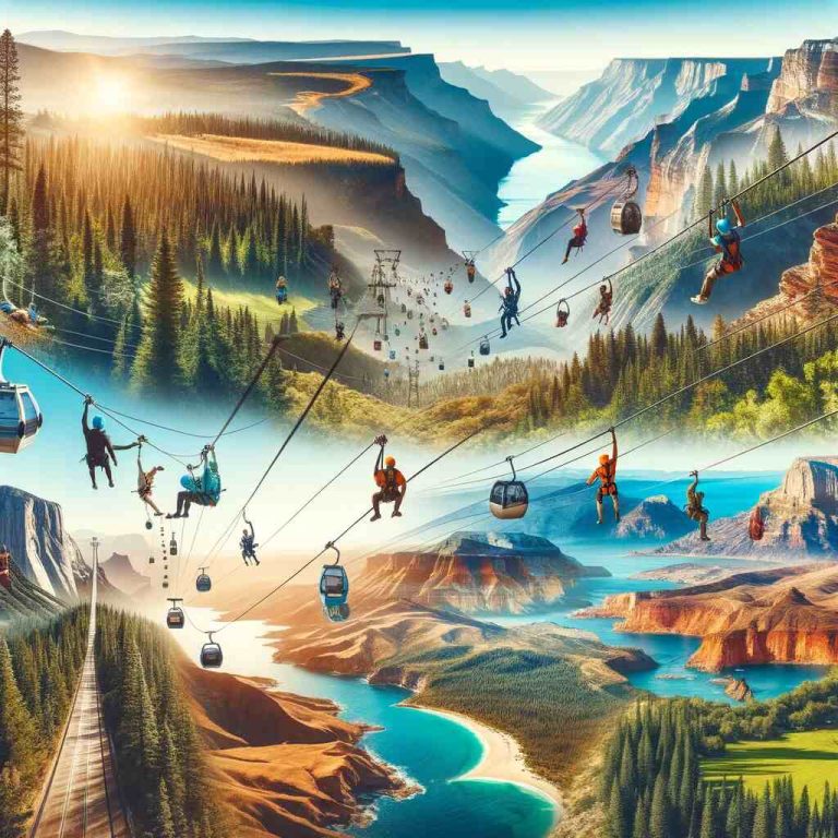 This feature image showcasing the 15 best places to zipline in the USA, depicting a variety of landscapes and adventurers enjoying the thrill.