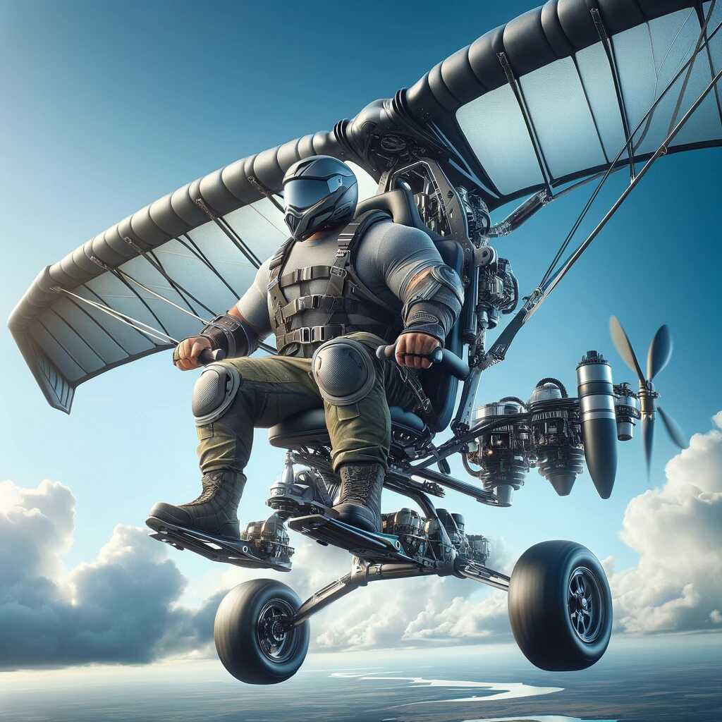 The Best Paramotor for Heavy Pilots. A confident, heavyset pilot soaring through the sky on a durable paramotor designed for heavier weights, symbolizing strength and freedom in the vast blue expanse