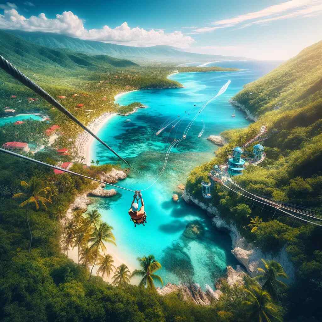 Here is the image for "The Dragon's Breath – Labadee, Haiti," capturing the excitement of gliding on the zipline above the tropical landscape of Labadee, with its lush greenery, clear waters, and sandy beaches.