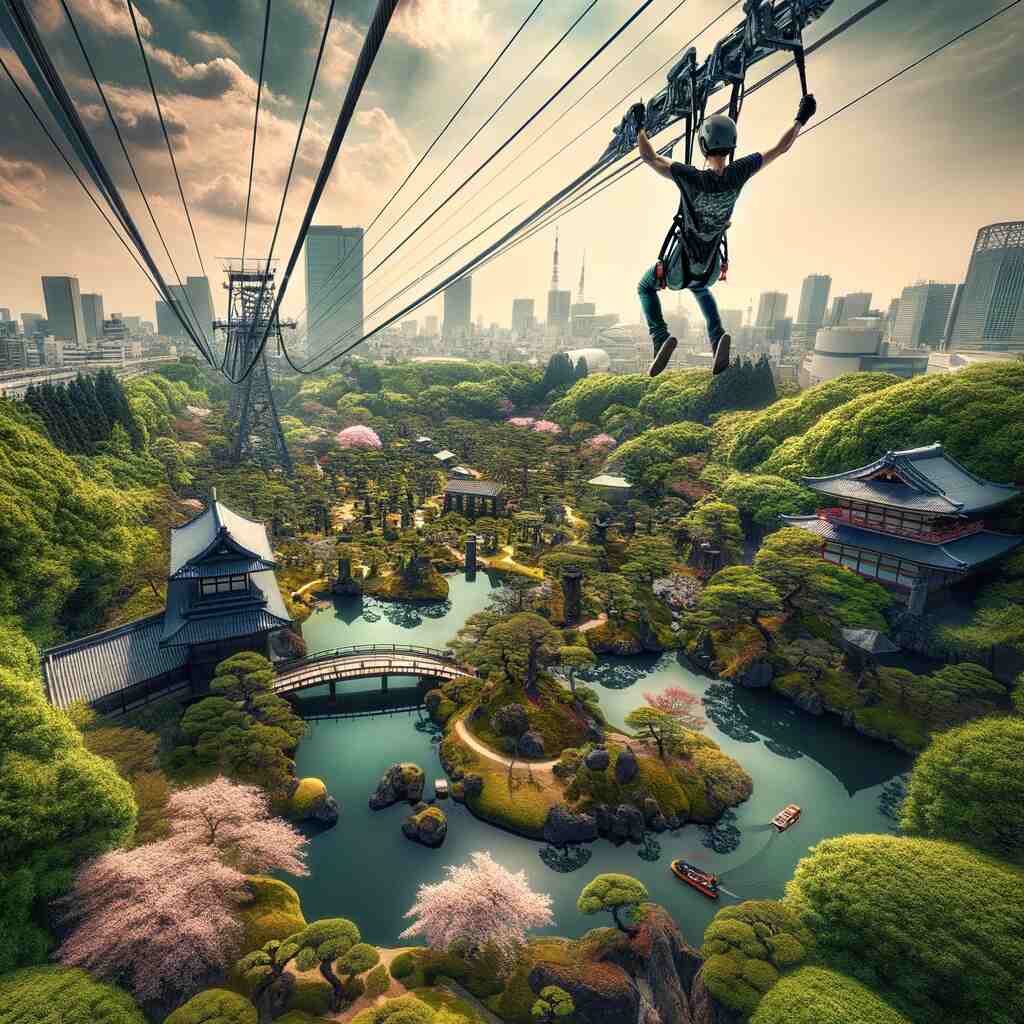Here is the image for "The Flying Dinosaur – Japan," capturing the thrilling experience of the zipline with a person soaring high above a lush park, with a landscape featuring traditional Japanese gardens, blooming cherry blossoms, and a backdrop of modern skyscrapers and ancient temples.