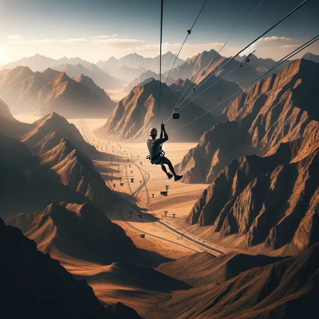 Here is the image for "The Monster – Jebel Jais Flight in the UAE," featuring an individual zipping down the line with the majestic Jebel Jais mountain range and vast desert landscape in the background.