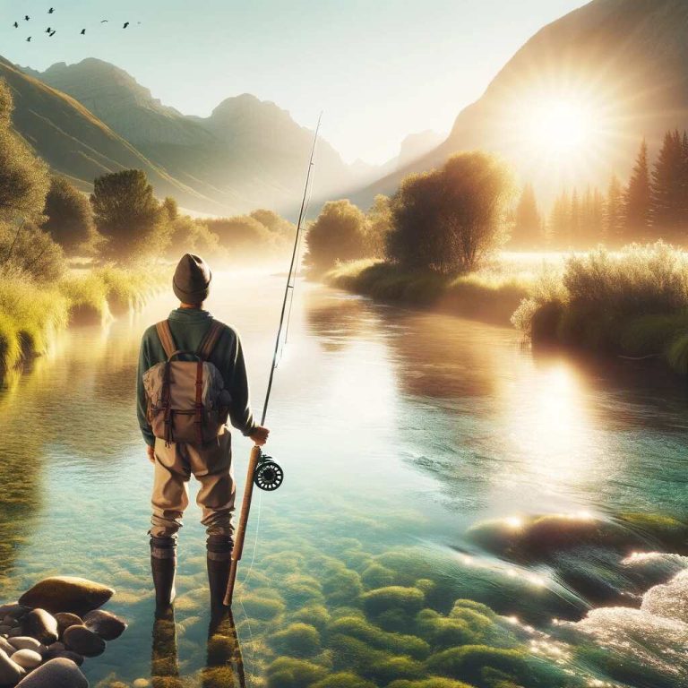 This is the image for 'The Ultimate Guide to Choosing the Best 3wt Fly Rod' An individual wearing outdoor gear stands in a tranquil river, holding a 3wt fly rod with the sun setting behind, casting a warm glow over the water and green landscape, with mountains in the background.