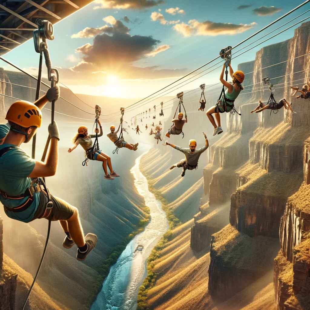 This is the feature image for "The World's Fastest Ziplines," depicting a thrilling scene of people descending on ziplines over a breathtaking landscape.