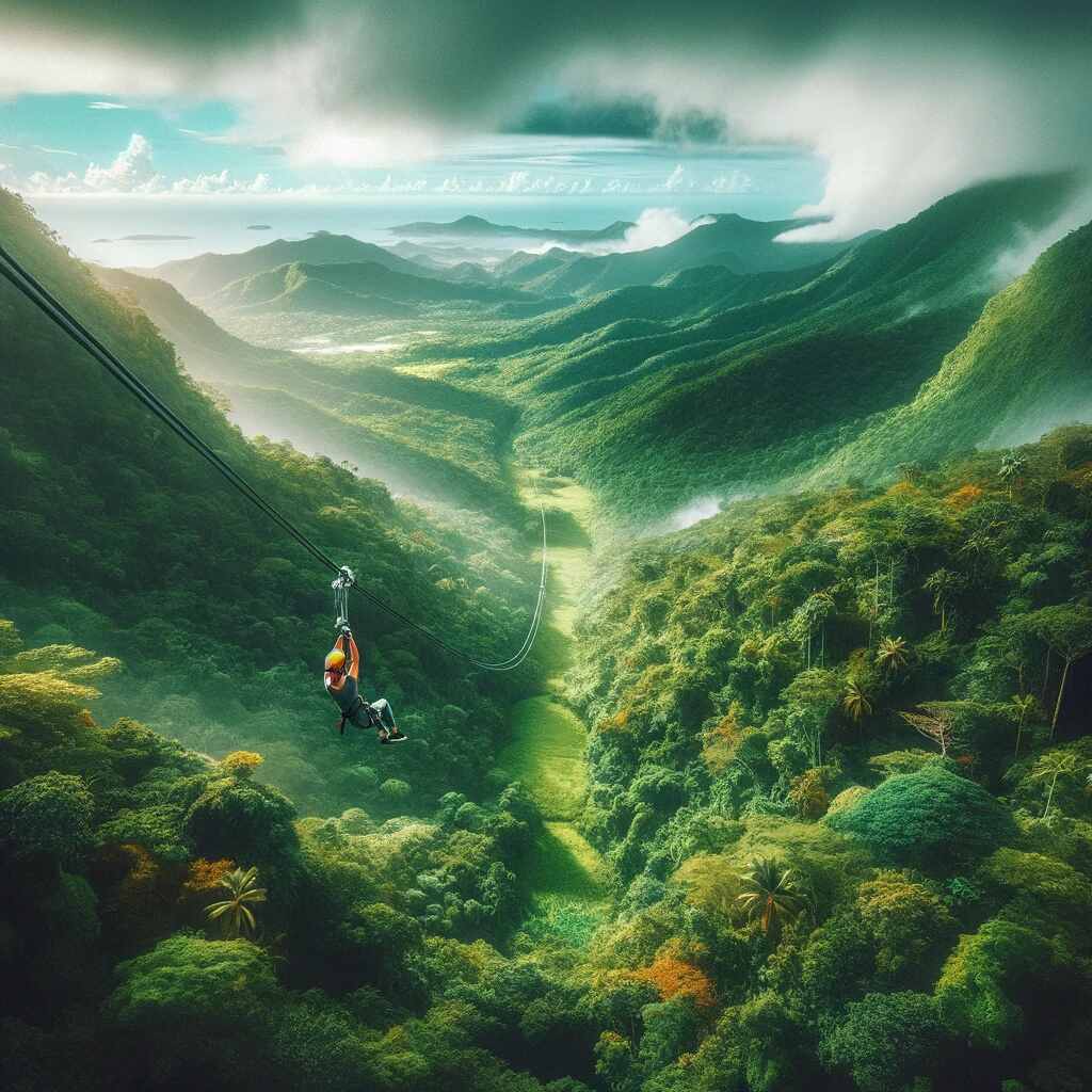 Here is the image for "Toro Verde – The Beast, Puerto Rico," depicting a person in a horizontal flying position on the zipline, soaring over the lush rainforest with vibrant and misty mountains in the background, encapsulating the wild adventure and tropical beauty of the location.