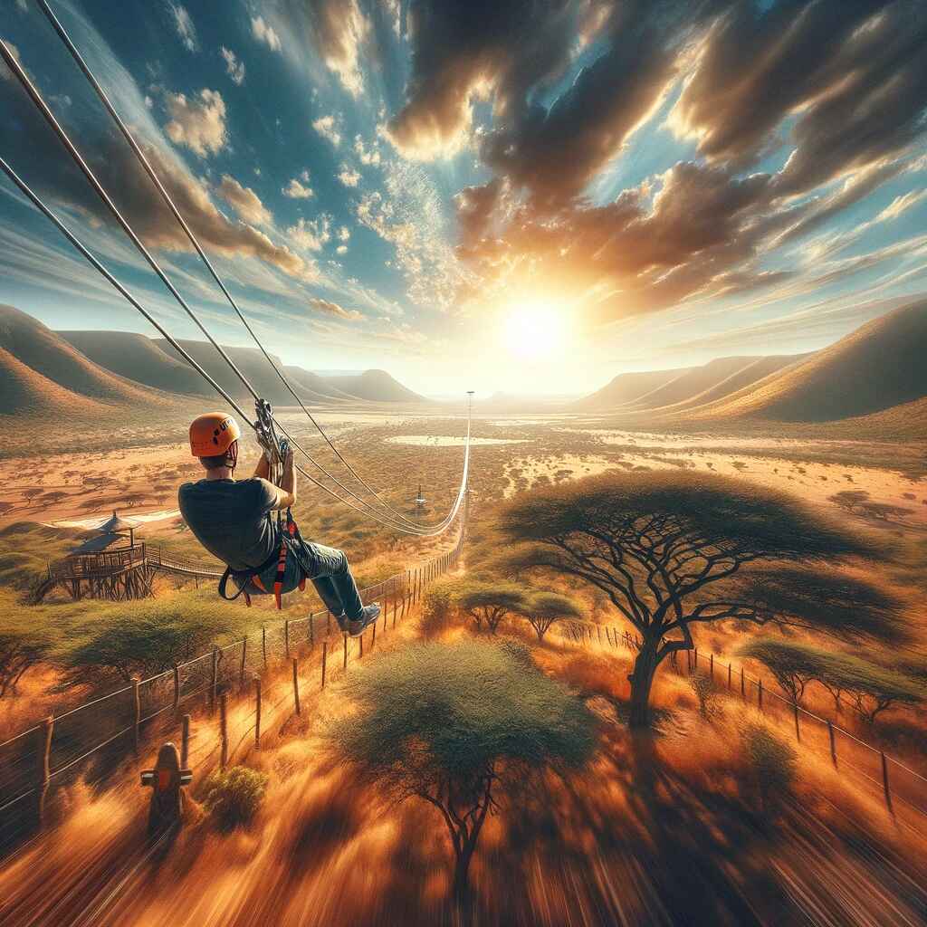 Here is the image for "Zip 2000 – Sun City, South Africa," featuring an individual zooming along the zipline with the African savannah and rolling hills in the background, bathed in a warm, golden light.
