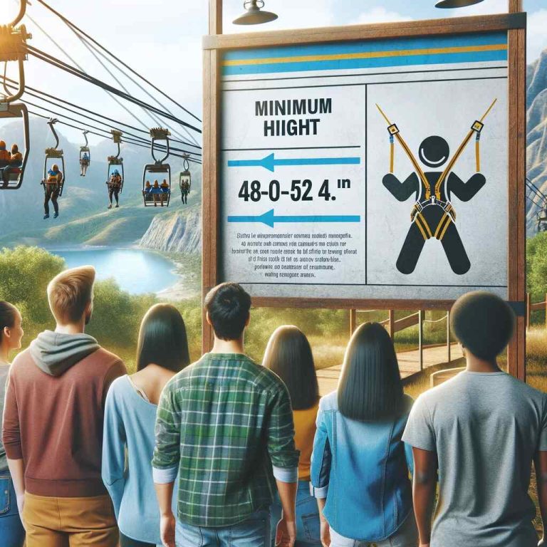 The feature image illustrates an informative scene at a zipline park, where diverse individuals are viewing a sign that explains the height requirements