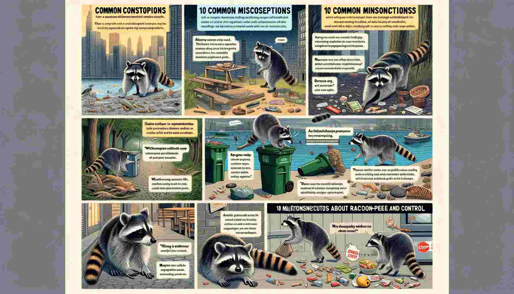 The image provides a visual representation of '10 Common Misconceptions About Raccoon Behavior and Control,' featuring various scenarios that debunk these myths.