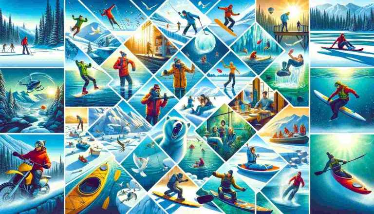 Here's a vibrant and dynamic featured image showcasing a collage of the 10 most exciting outdoor water activities for winter. It includes people of diverse descents and genders enjoying various thrilling activities set against a snowy landscape with clear blue skies.