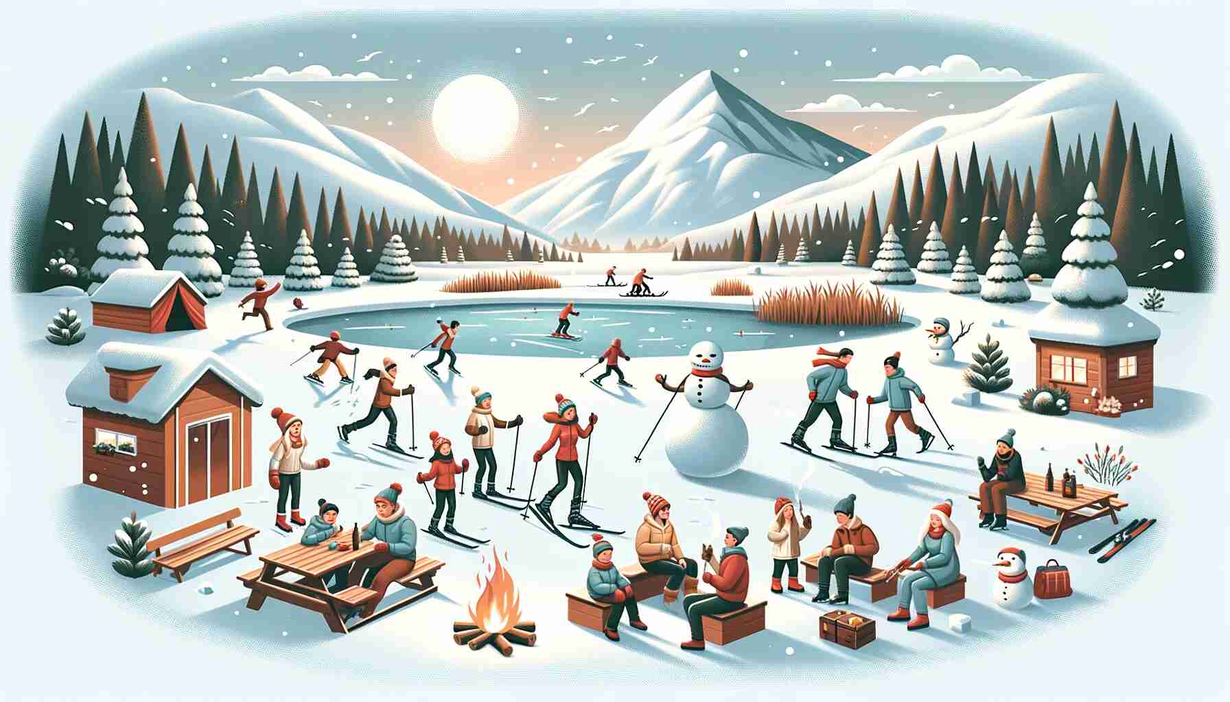 A vibrant winter landscape featuring a family engaged in various outdoor activities. In the background, there are snow-covered mountains and a frozen lake with people ice skating. A snowy forest area hosts others building a snowman and having a snowball fight. In the foreground, an individual is cross-country skiing, and a group is gathered around a campfire, roasting marshmallows. The scene is illuminated by a warm glow from the winter sun, creating a cheerful and active winter atmosphere.
