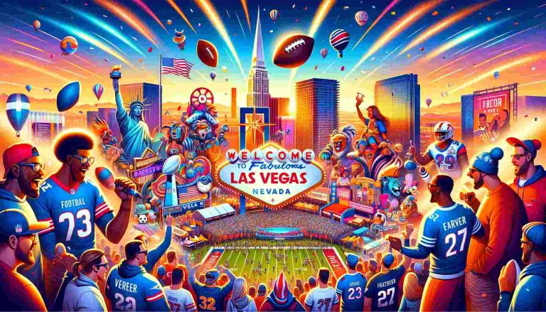 An energetic and colorful image representing the 2024 Super Bowl LVIII in Las Vegas. The backdrop features the iconic Las Vegas skyline, illuminated with bright lights and famous landmarks. In the foreground, a festive atmosphere prevails with diverse groups of football fans in various team jerseys, engaging in fan activities and celebrations. Elements like a football, sports paraphernalia, and banners signifying Super Bowl LVIII add to the celebratory mood, symbolizing the excitement and grandeur of the event.