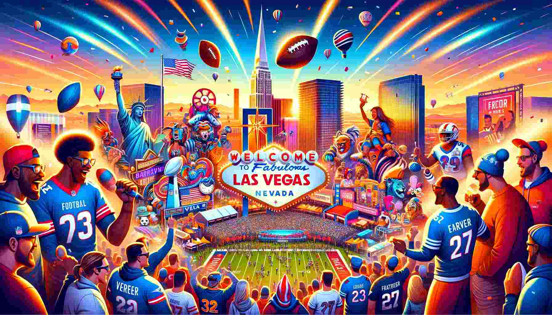 An energetic and colorful image representing the 2024 Super Bowl LVIII in Las Vegas. The backdrop features the iconic Las Vegas skyline, illuminated with bright lights and famous landmarks. In the foreground, a festive atmosphere prevails with diverse groups of football fans in various team jerseys, engaging in fan activities and celebrations. Elements like a football, sports paraphernalia, and banners signifying Super Bowl LVIII add to the celebratory mood, symbolizing the excitement and grandeur of the event.