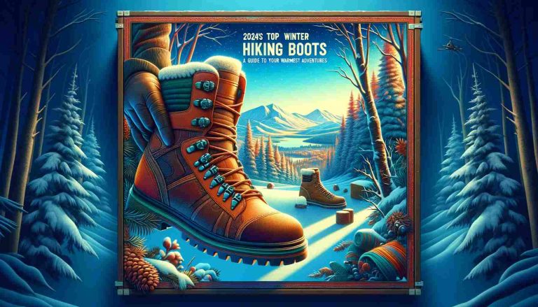 A pair of rugged winter hiking boots in the foreground set against a snowy landscape with trees and distant mountains, under a clear blue sky. The image includes text '2024's Top Winter Hiking Boots: A Guide to Your Warmest Adventures,' creating an adventurous and cozy mood.