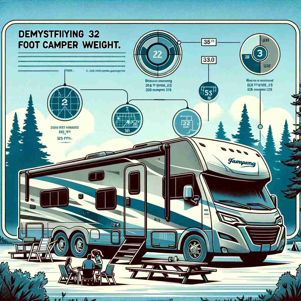Here's the feature image depicting "Demystifying 32 Foot Camper Weight." It illustrates a 32-foot camper in a serene camping ground with an infographic overlay detailing its weight specifications. A family enjoying a picnic nearby adds a touch of warmth to the scene.