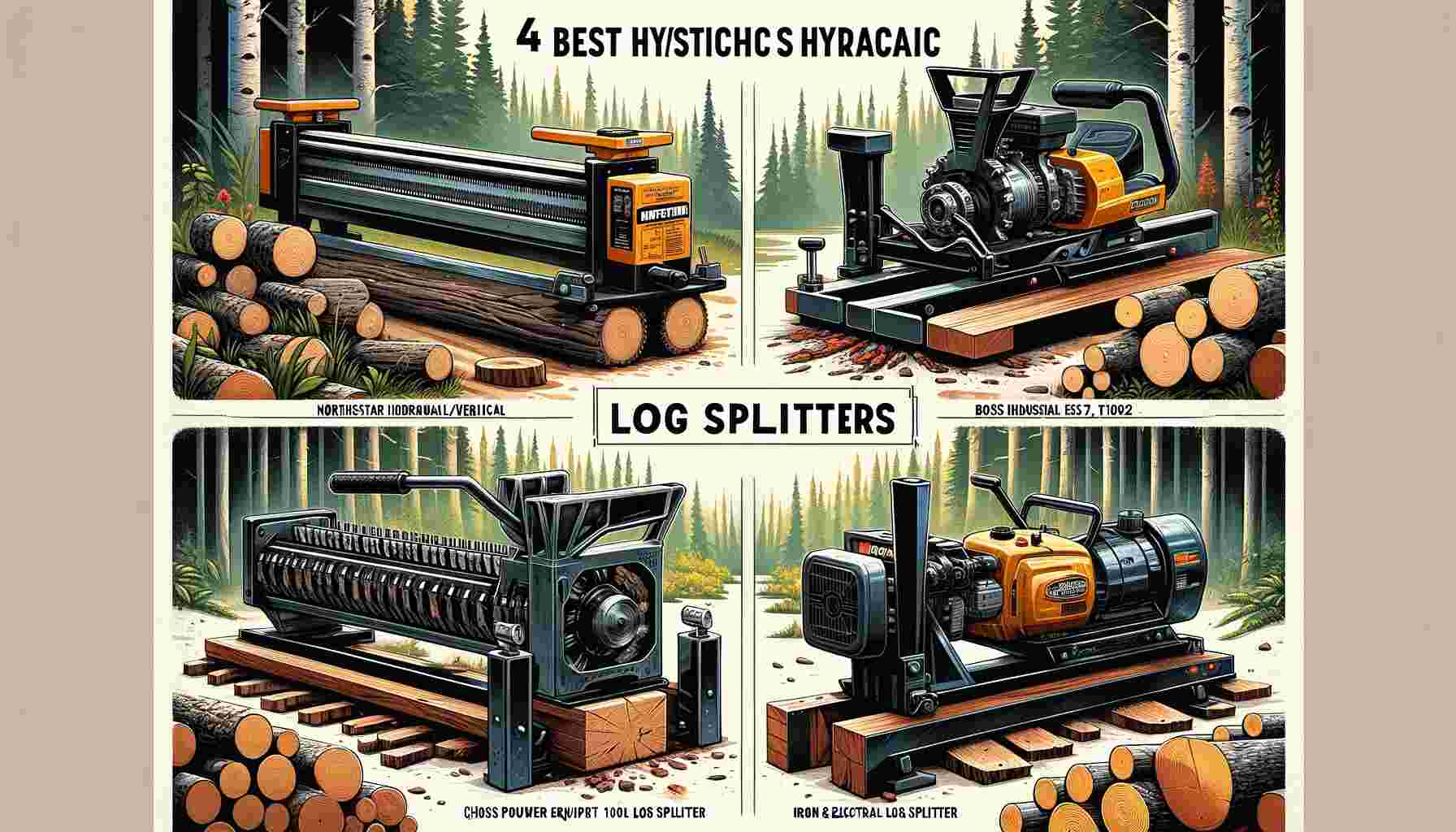 Here is an image representing the "4 Best Hydraulic Log Splitters." The image displays the four different log splitter models, each with their key features, arranged in an outdoor setting.