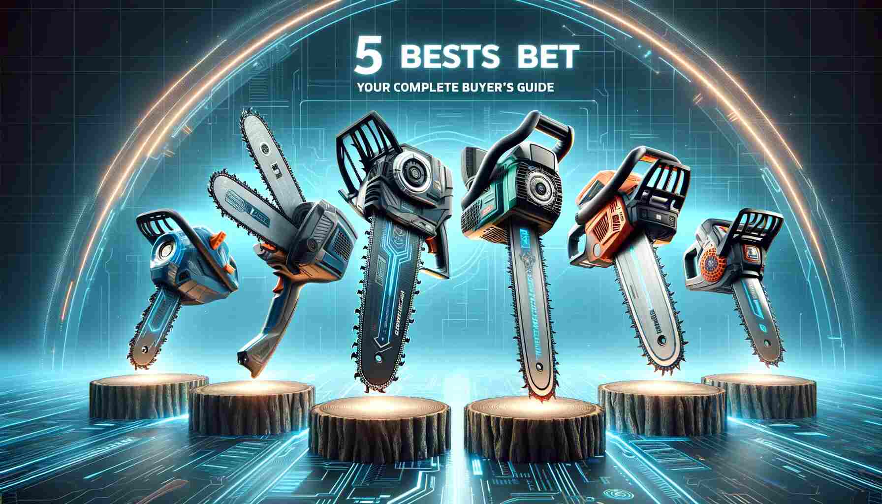 Here is the featured image for the 5 Best Battery-Powered Chainsaws in 2024: Your Complete Buyer's Guide. It showcases five modern, sleek battery-powered chainsaws, each with a distinct design, set against a futuristic background.