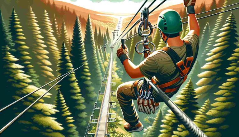 Person ziplining through a lush forest, securely harnessed and wearing a helmet, gloves, and other safety gear. The background features tall green trees, a clear blue sky, and a distant view of the zipline course weaving through the scenic forest, emphasizing safety and adventure in ziplining