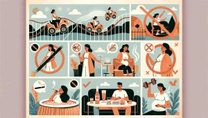 An informative collage featuring activities to avoid during pregnancy, including a woman on a roller coaster, another drinking alcohol, a pregnant person in a hot tub, one smoking, and another carrying heavy weights. Each scene is illustrated in a cautionary, educational style with clear visual cues indicating these activities are not recommended.