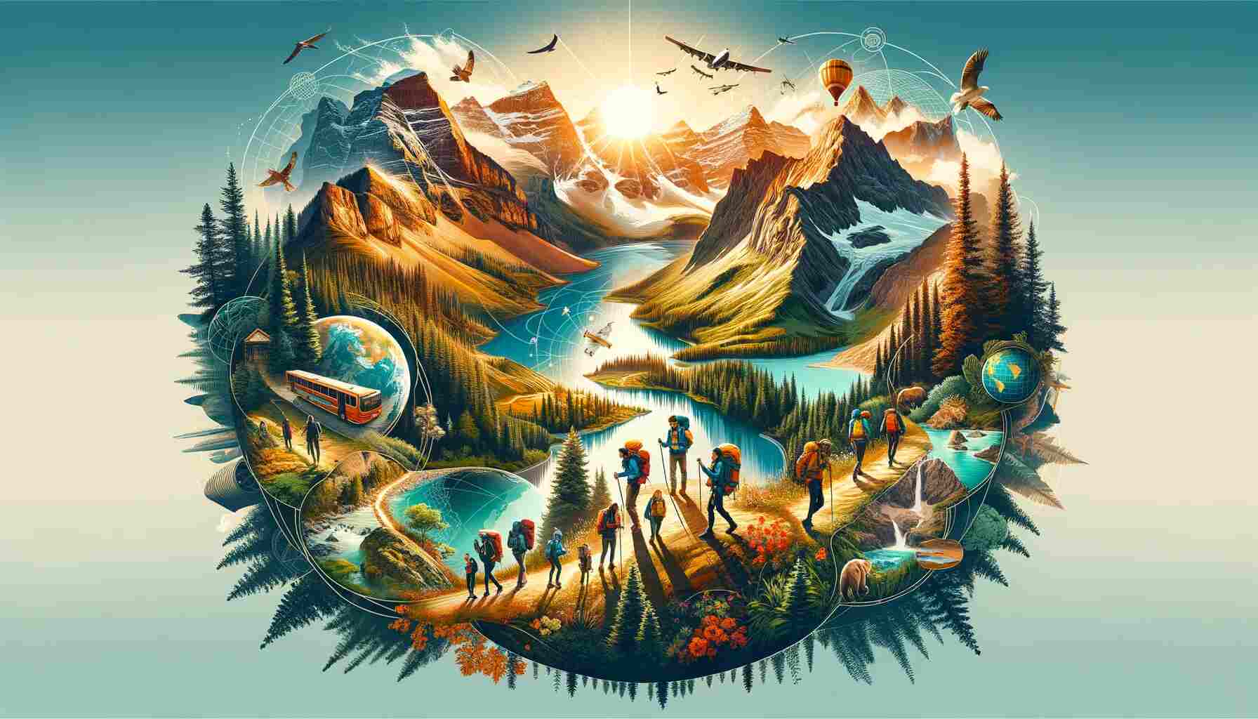 Featured image for 'Add These 10 Hiking Trails To Your 2024 Travel Bucket List' article, depicting a vibrant montage of diverse hiking landscapes. The image includes majestic mountains, lush forests, serene lakes, and rugged coastal paths. It features small figures of hikers exploring these varied terrains, symbolizing adventure and exploration. The composition is vibrant and inviting, embodying the spirit of global hiking adventures and encouraging readers to discover incredible trails around the world.