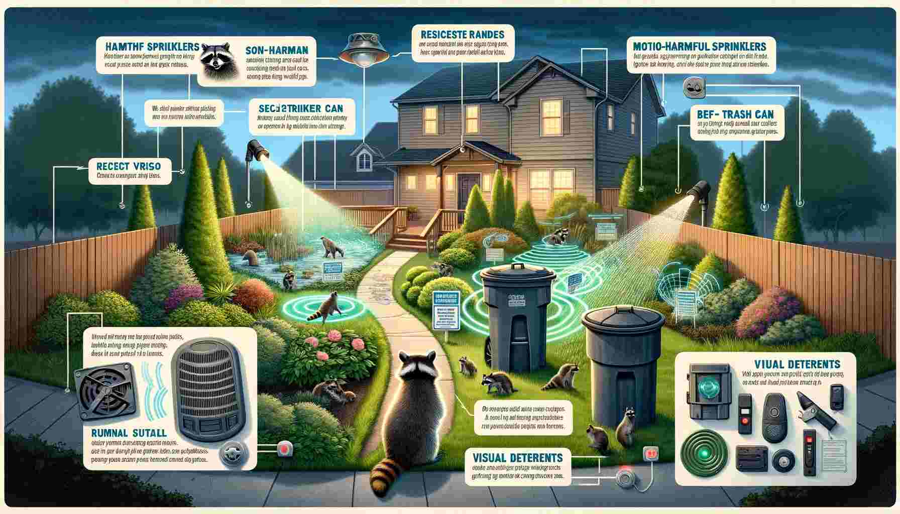 The image illustrates various alternative methods to keep raccoons away from a residential area, including motion-activated sprinklers, secure trash cans, ultrasonic devices, and visual deterrents, all set against the backdrop of a suburban home.