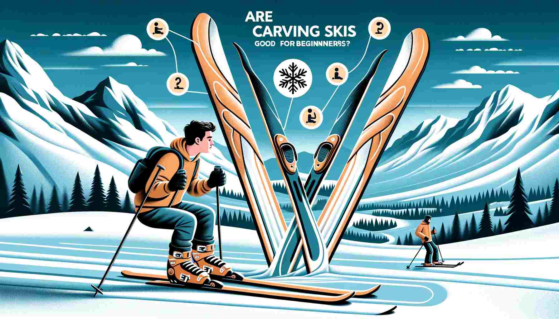 Here is the featured image illustrating the concept for Are Carving Skis Good for Beginners? with a beginner skier using carving skis on a snowy mountain. The title is prominently displayed at the top.