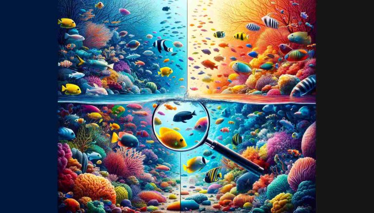 Here's the featured image for the article "Are Fish Colorblind: Debunking the Myth and Exploring Their Unique Vision," It illustrates the concept of fish vision with a vibrant underwater world on one side and a colorblind perspective on the other, centered around a magnifying glass effect on a single fish.