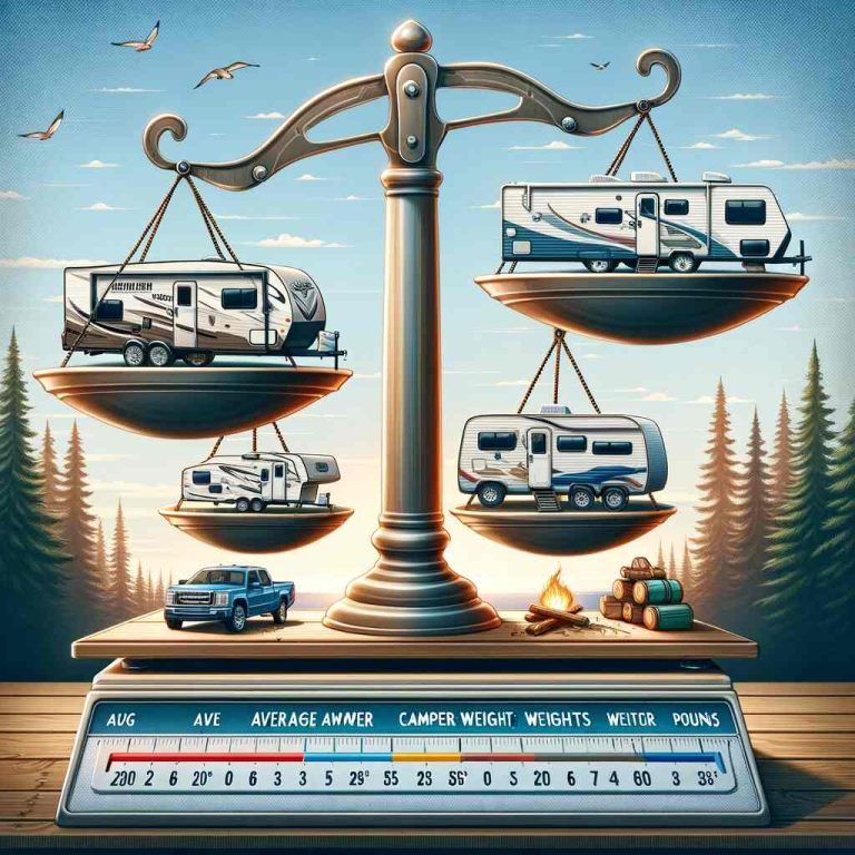 Here's the feature image for "Average Camper Weights: Demystifying the Weights of Different Camper Types." It visually represents various types of campers alongside their corresponding weights, set against a serene camping backdrop.
