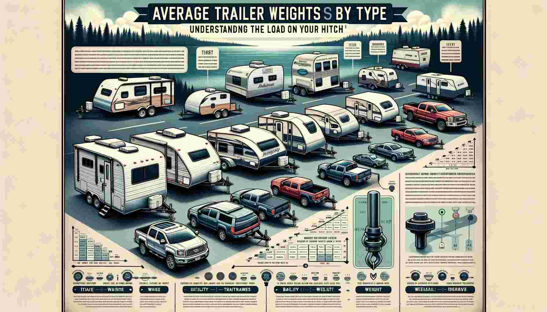 This is the featured image for Average Trailer Weights by Type: Understanding the Load on Your Hitch. It illustrates various types of trailers compared by size and weight, with a hitch for reference and a background symbolizing journey and preparation.