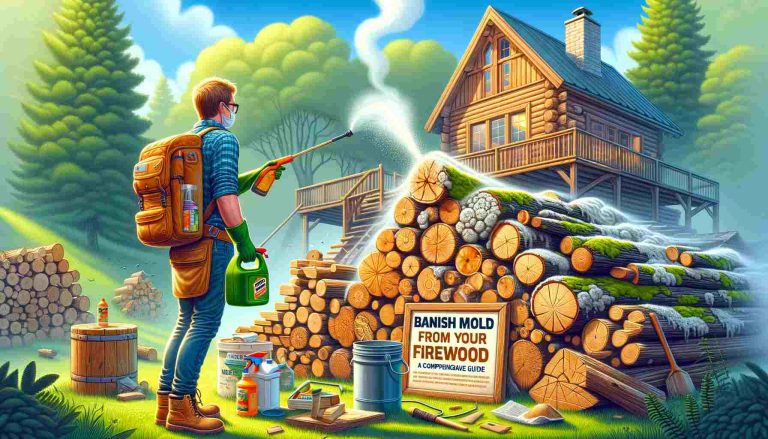 An individual in casual outdoor attire and safety gear, including gloves and a protective mask, is treating moldy firewood with a spray bottle containing mold removal solution. The scene is set outdoors with a stack of firewood, some showing signs of mold. In the background, a cozy cabin with smoke rising from the chimney suggests a healthy, mold-free home environment. The image is bright and clear, conveying an educational and engaging message about removing mold from firewood.
