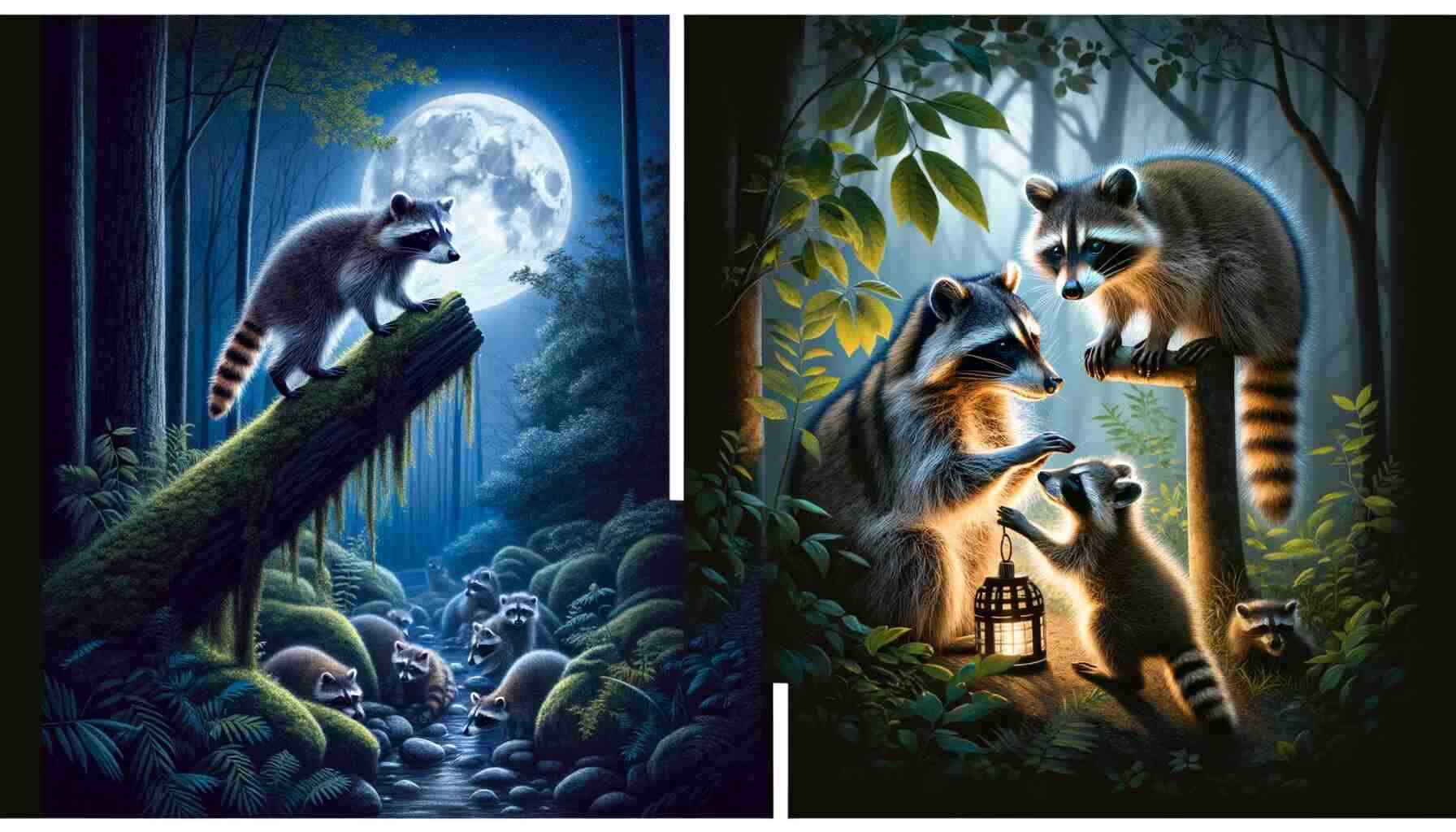 Here is a set of images depicting the behavior and social structure of raccoons. The first part of the image shows a raccoon engaging in nocturnal activities such as foraging or climbing in a moonlit setting. The second part portrays a mother raccoon with her kits, emphasizing the maternal bond and care within their natural habitat. These visuals vividly represent raccoons' natural behaviors and social dynamics.