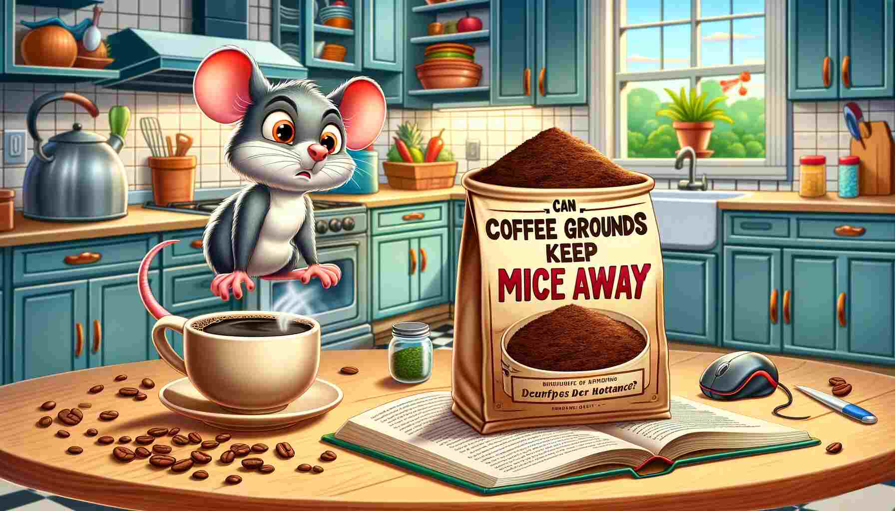 Here's the featured image for Can Coffee Grounds Keep Mice Away: Debunking the Myth. The illustration presents a kitchen scene with a mouse curiously looking at a bag of coffee grounds.