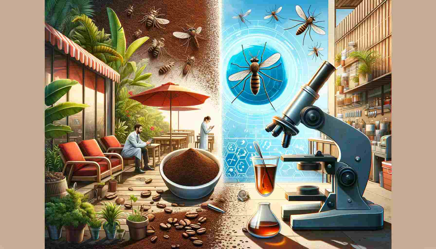 Featured image for Can Coffee Grounds Keep Mosquitoes Away: Unraveling the Myth & Science. The image is divided into two contrasting scenes. On the left, coffee grounds are spread around a tranquil outdoor seating area with lush plants, symbolizing a mosquito-free environment. On the right, a scientific laboratory setup is depicted with a researcher examining coffee grounds under a microscope, with mosquito illustrations nearby, representing scientific inquiry into the effectiveness of coffee grounds as a mosquito repellent. The title of the article is displayed at the top of the image