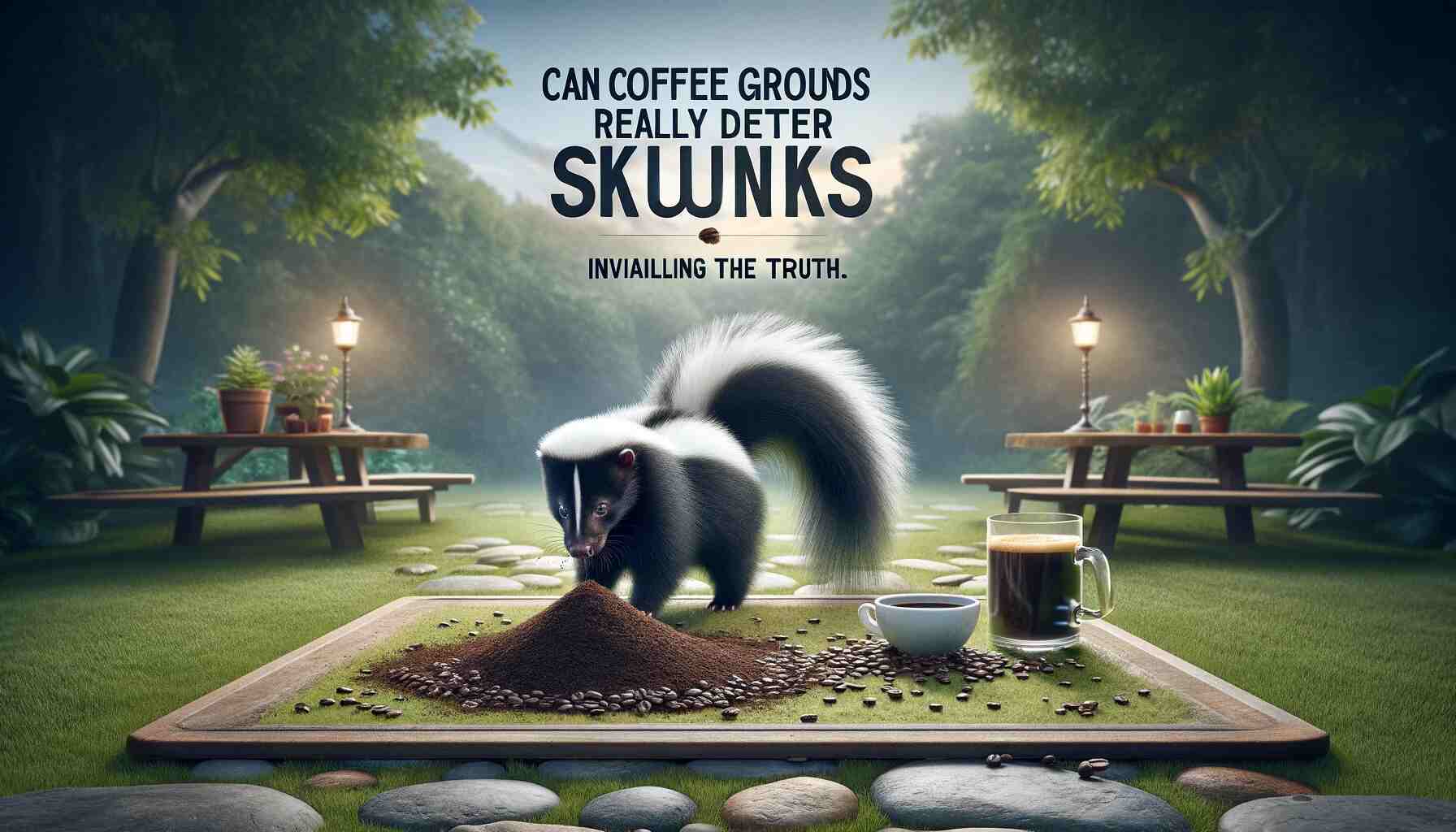 The featured image for Can Coffee Grounds Really Deter Skunks: Unveiling the Truth. A curious skunk sniffs at a small pile of coffee grounds on the ground in a serene garden setting at dusk. The image symbolizes the exploration of coffee grounds as a natural deterrent for skunks, with lush greenery and subtle lighting in the background emphasizing the skunk's natural habitat. The composition is inquisitive and natural, highlighting the effectiveness of this unique method
