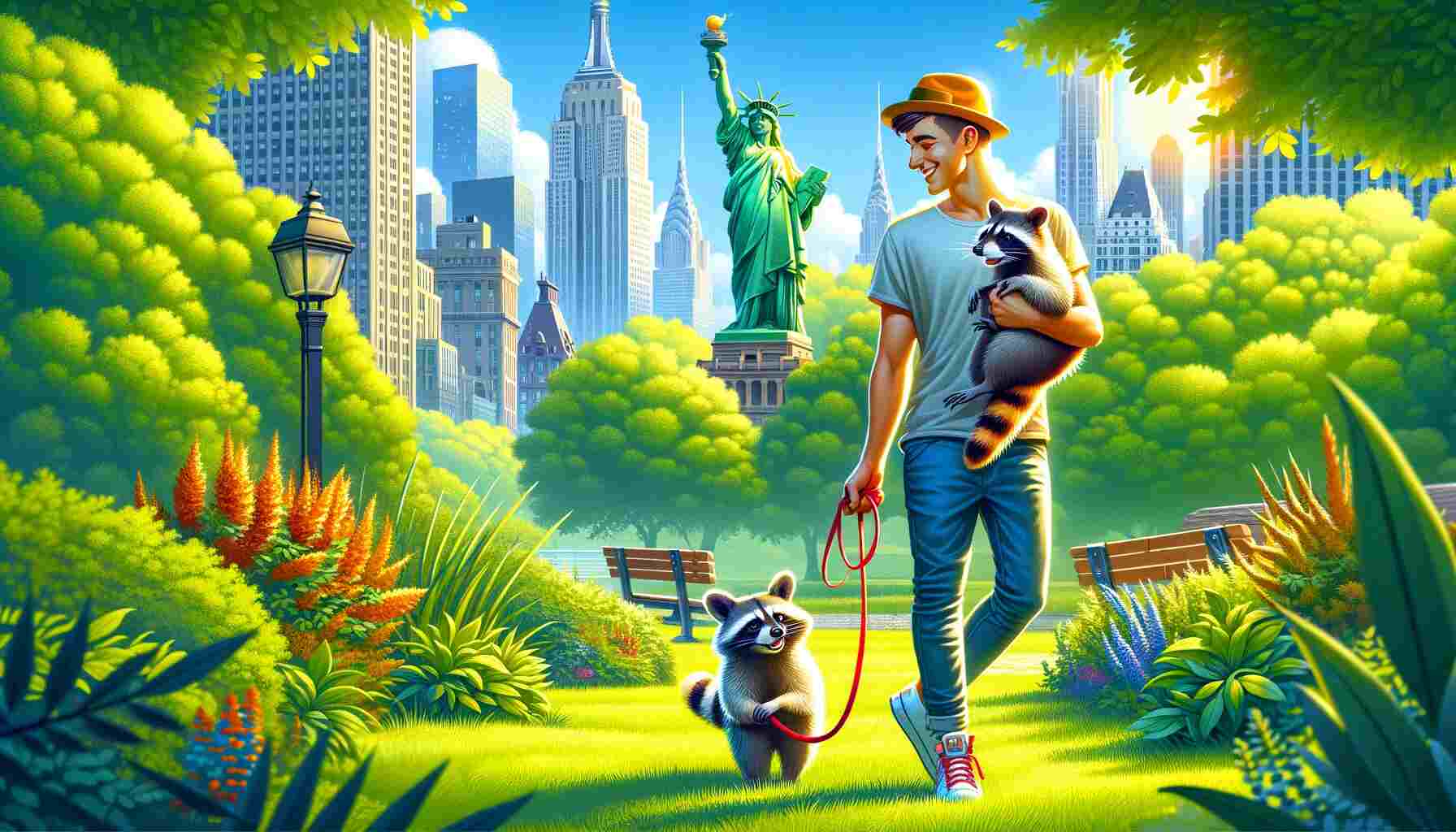 Here is the featured image for “Can You Have A Pet Raccoon In New York State,” showcasing a person in a lush park in New York with a pet raccoon, with iconic New York landmarks in the background.