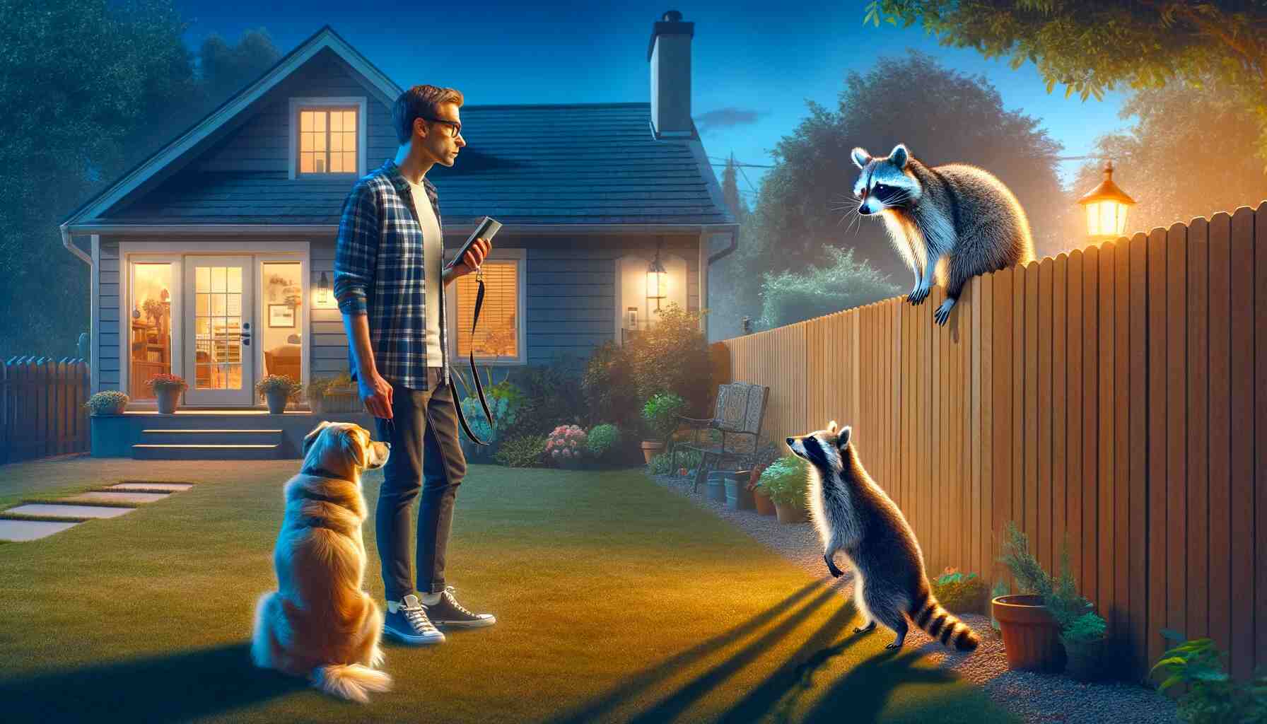 Here is the featured image for “Can a Raccoon Hurt a Dog: Risks and Preventive Measures,” depicting a suburban backyard scene with a dog, a raccoon, and a concerned dog owner.