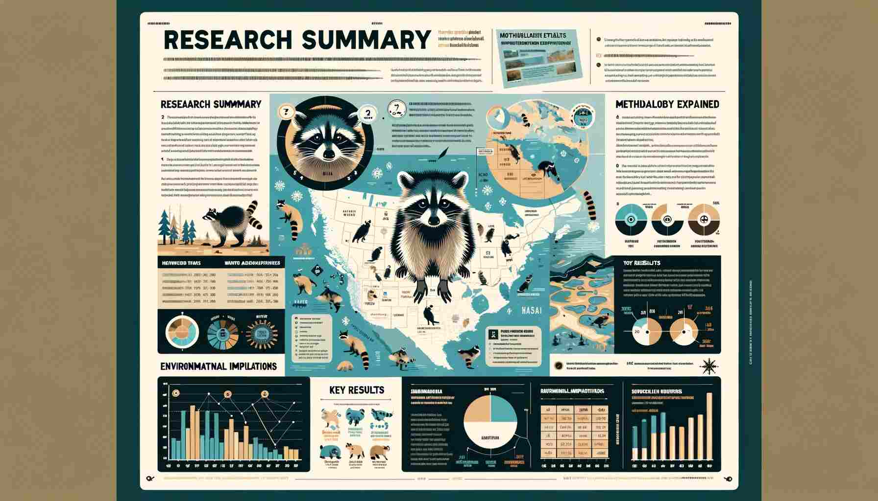 The infographic is titled "Winter Survival of Raccoons: A Detailed Study". It's divided into several sections with large, clear text and informative graphics.

Research Summary: This section provides an overview of the study on raccoons' adaptability during Manitoba's winter, depicted with an illustration of a raccoon and a snowy backdrop.

Location Details: Features a detailed map of highlighting various terrains such as agricultural areas, wetlands, and forests. The map uses distinct icons and labels for clarity.

Methodology Explained: Illustrates the tracking process of raccoons. This section includes images of tagging devices and raccoons being monitored, with brief text explaining the methods used.

Key Results: Presents statistics and graphs showing raccoon survival rates, focusing on differences based on age and sex. The graphs are simple, with bold colors and easy-to-read fonts.

Environmental Implications: Emphasizes the importance of understanding animal adaptation and habitat conservation. This section includes icons representing different habitats and a brief text on conservation efforts.

Overall, the design is straightforward, prioritizing legibility with large fonts and simple graphics, making complex information easily accessible.