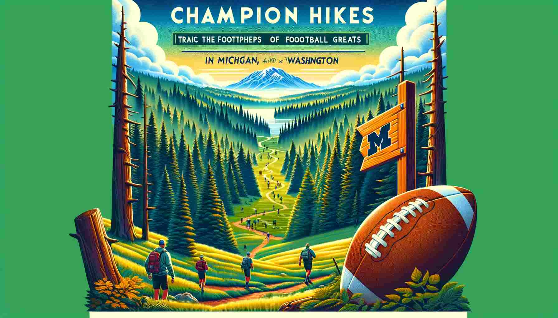 Here is the featured image for "Champion Hikes: Tracing the Footsteps of Football Greats in Michigan and Washington's Trails." This vibrant image combines the natural beauty of Michigan and Washington's landscapes with subtle football references, evoking a sense of adventure and athleticism.