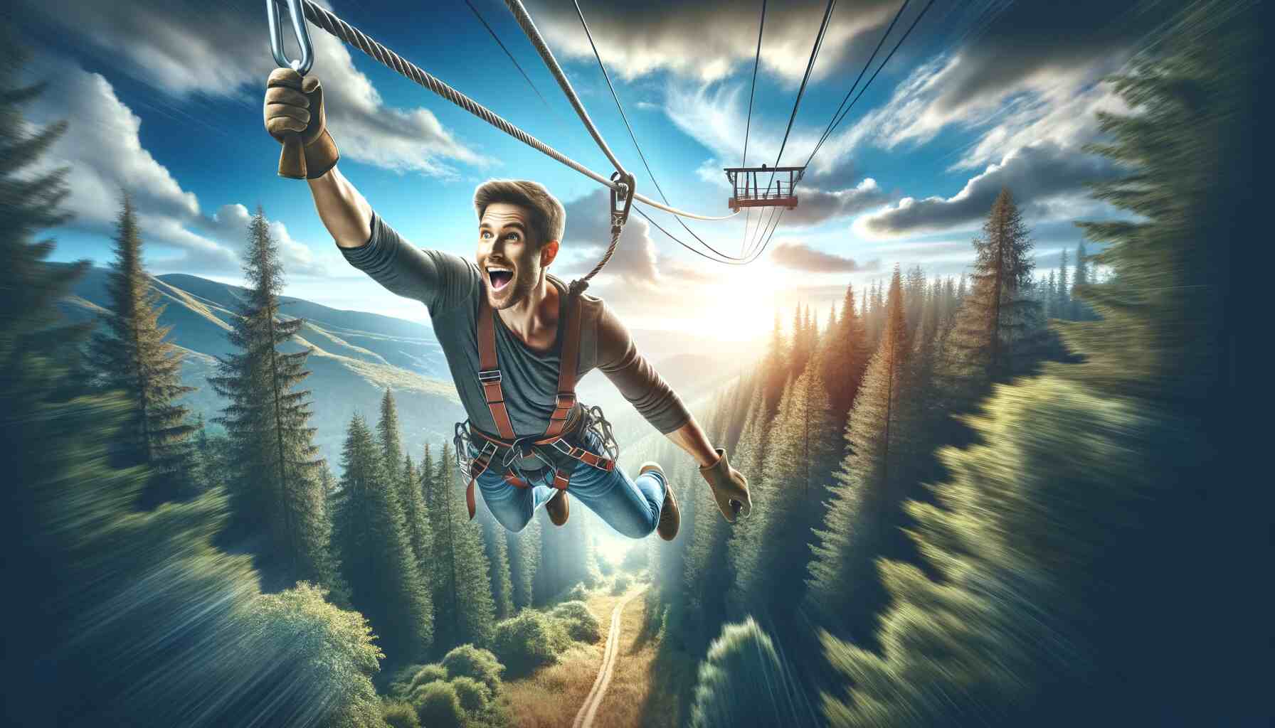An adult ziplining over a lush green forest, under a clear blue sky. The person appears thrilled, dressed in outdoor adventure clothing with safety gear like a helmet and harness. The zipline stretches across the image, symbolizing an adventurous journey through nature