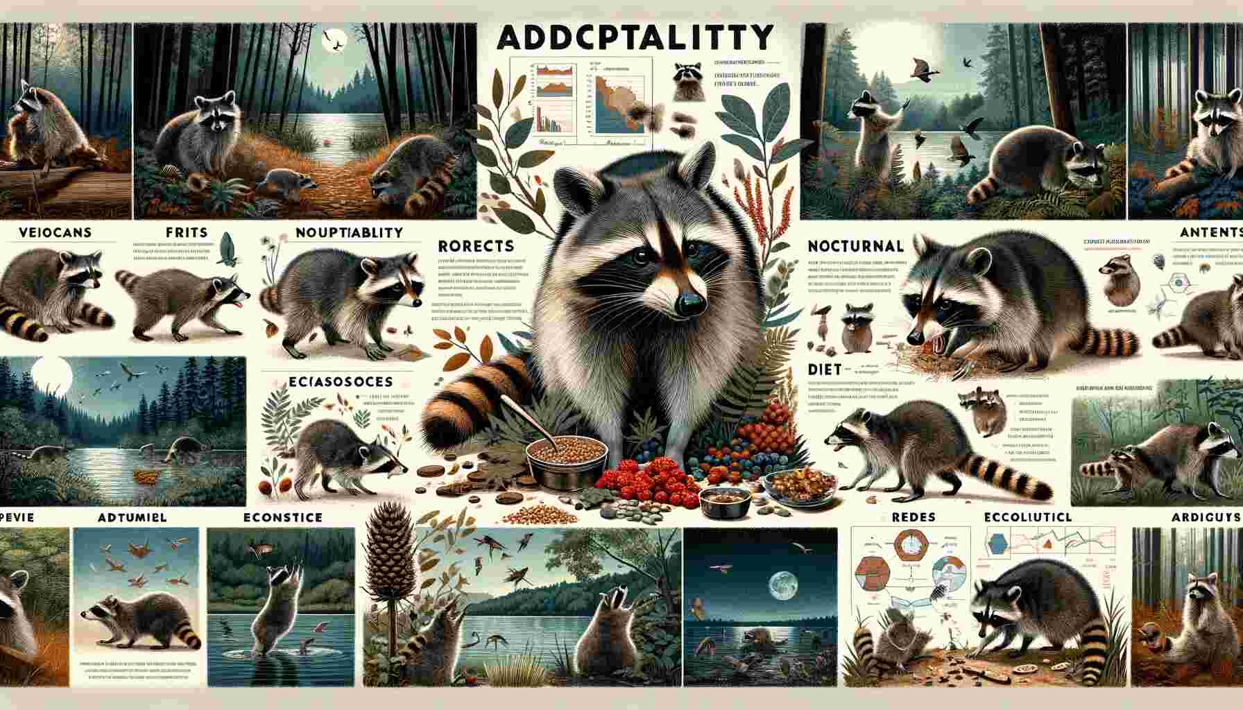 Here is a collage summarizing the key aspects of raccoons. It includes images showcasing their adaptability in different environments, their nocturnal activities, diverse diet, and role in the ecosystem. This visual encapsulates the multifaceted nature of raccoons, their behavior, and their significance in the natural world.