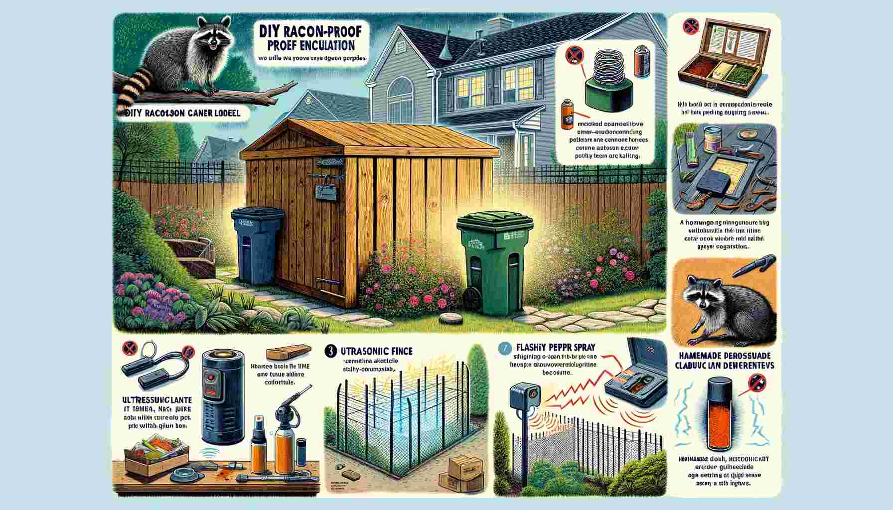 The image illustrates various DIY raccoon-proof enclosures and deterrents, showcasing homemade solutions like a raccoon-proof garbage can enclosure, a homemade electric fence, and natural deterrents set against the backdrop of a suburban home.