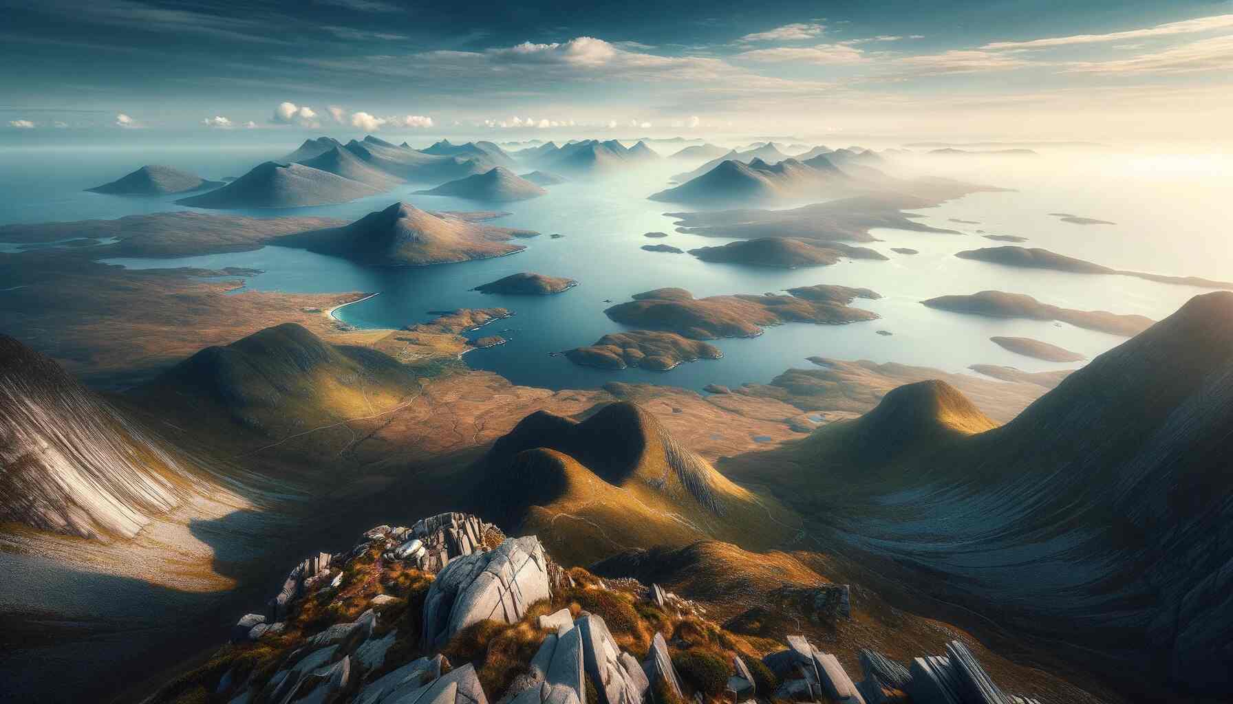 This image depicts the panoramic view from the summit of Diamond Hill in Connemara National Park, Galway, Ireland, highlighting the Twelve Bens mountain range, the Atlantic Ocean, and the nearby islands.