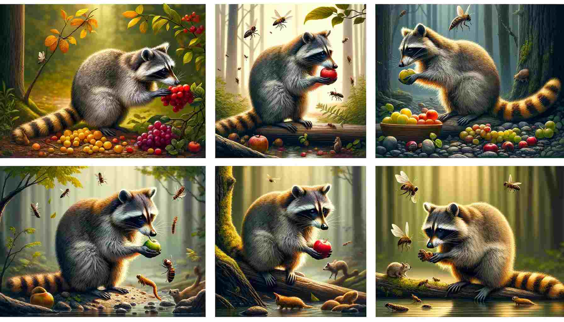 Here is a series of images depicting raccoons in various scenarios related to their diet and feeding habits. The visuals show a raccoon eating fruits in a forest, foraging for insects, and preying on a small mammal, each set in different environments. These images showcase the raccoon's adaptability and resourcefulness in finding food in diverse settings, highlighting its omnivorous nature.