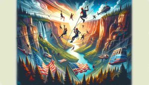 This vibrant and adventurous image captures various ziplining scenes across diverse American landscapes, from lush forests and grand canyons to coastal views, with zipliners in action.