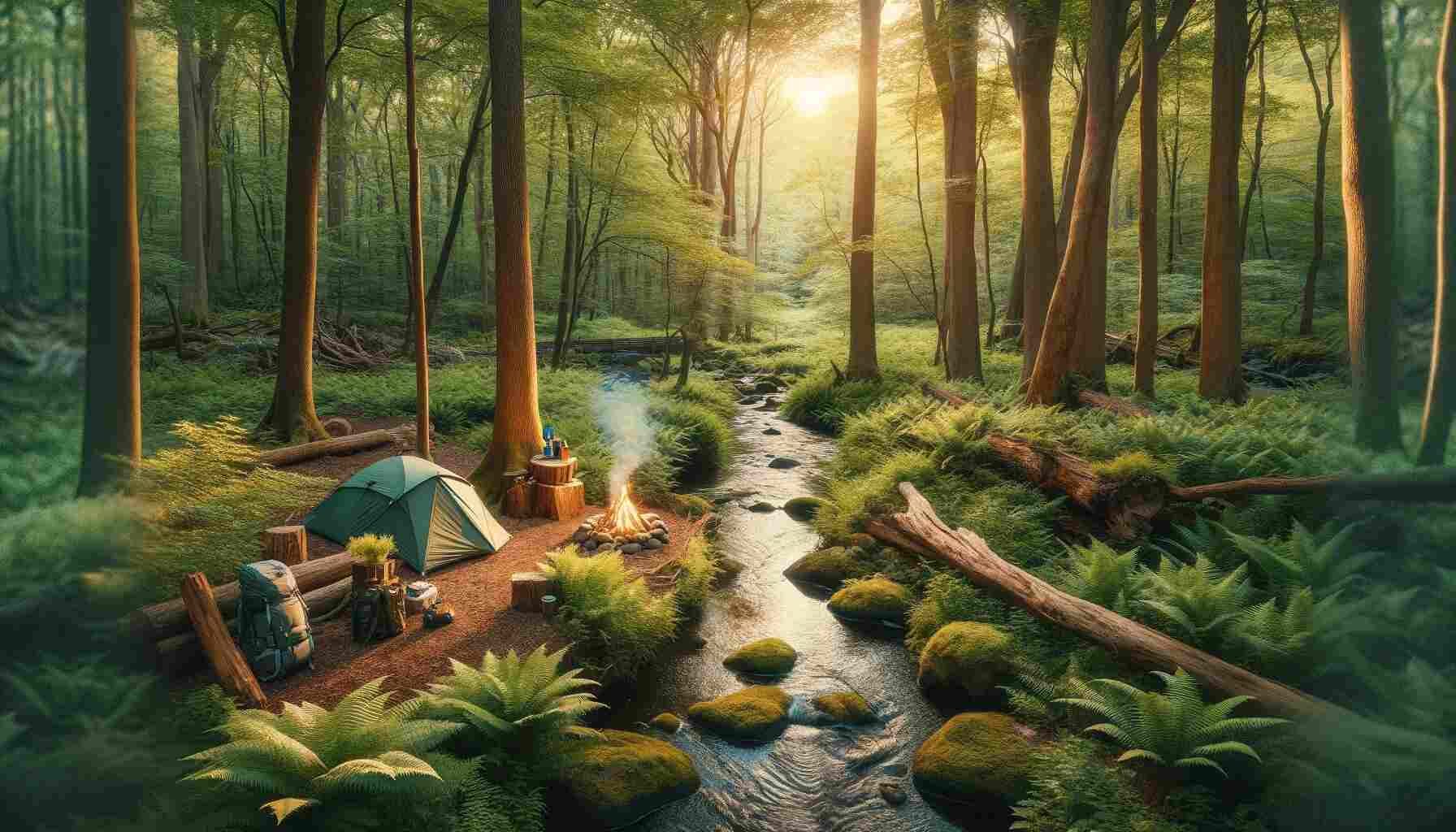An idyllic dispersed camping scene in New Jersey, featuring a cozy campsite with a tent and campfire by a serene stream, surrounded by lush greenery, native trees, and ferns, illuminated by the warm, golden light of a setting sun.