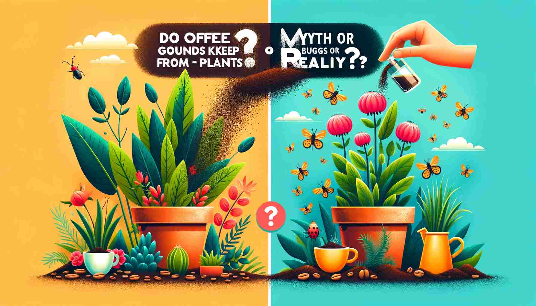 An illustrative image for the article Do Coffee Grounds Keep Bugs Away from Plants: Myth or Reality, showing a vibrant garden scene divided into two sections. On the left, healthy plants are surrounded by coffee grounds at their base, with no bugs visible. On the right, plants without coffee grounds are infested with bugs. A large question mark symbol hovers over the scene, highlighting the theme of the article.
