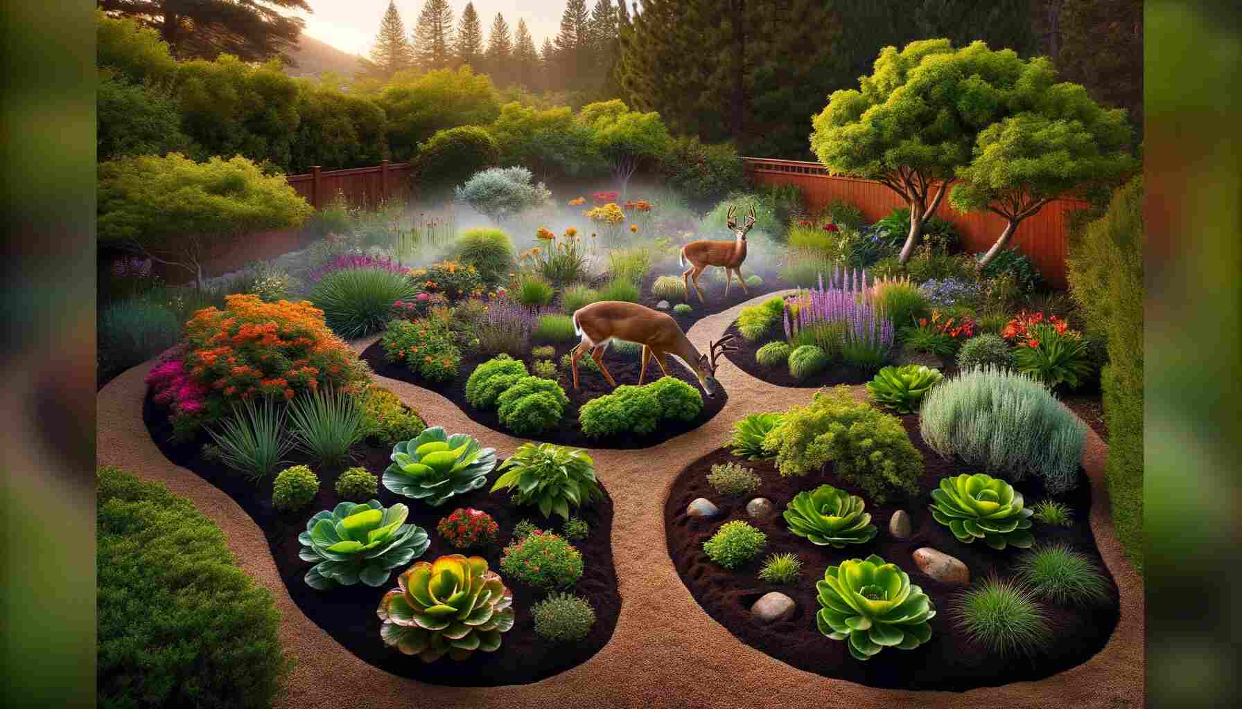 Here is the featured image for Do Coffee Grounds Keep Deer Away from Plants. The image showcases a serene garden with lush plants surrounded by coffee grounds, and a deer in the background, deterred by the coffee grounds.