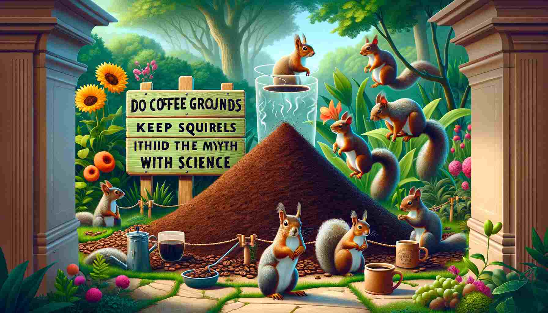 An image depicting a group of squirrels facing a mound of coffee grounds in a lush garden, symbolizing the myth of coffee grounds repelling squirrels, with the article title 'Do Coffee Grounds Keep Squirrels Away: Debunking the Myth with Science' displayed in the scene.