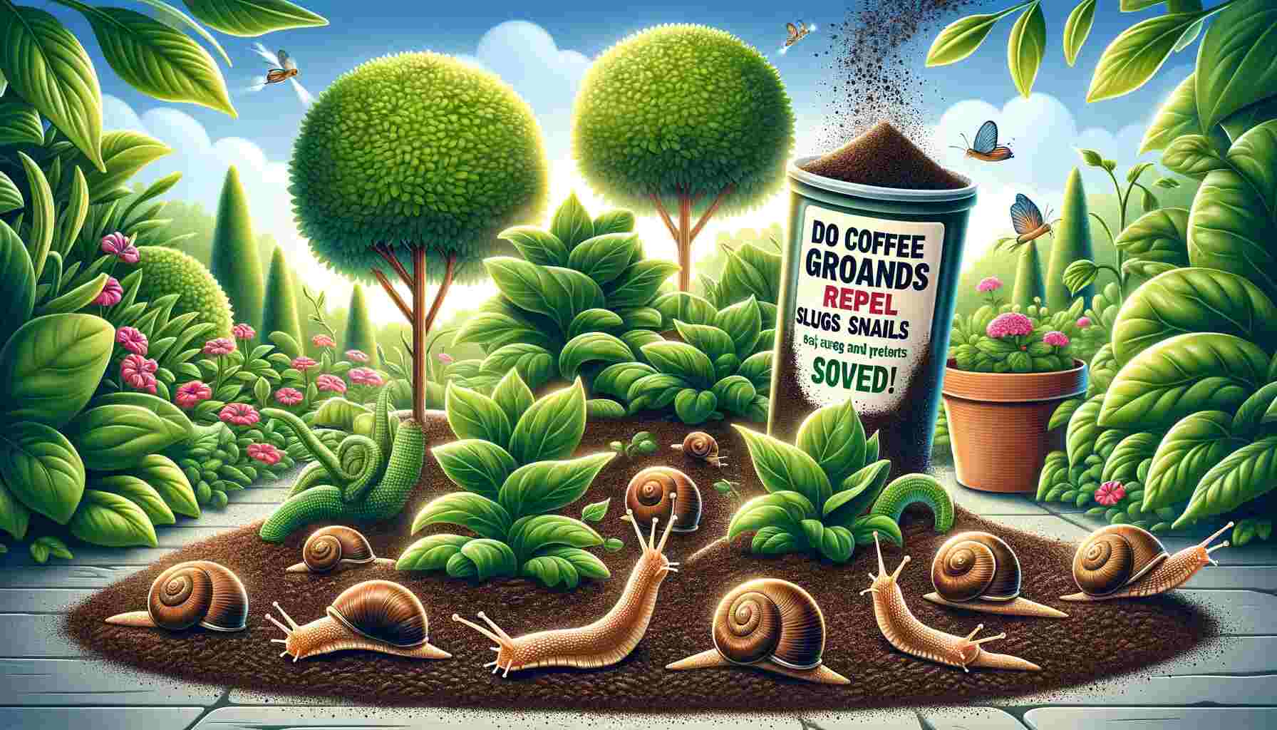 The image features a garden scene with coffee grounds sprinkled around various plants. In the foreground, slugs and snails are shown being repelled by the coffee grounds, visibly moving away from the plants. The background highlights healthy, flourishing plants, suggesting they are protected by the coffee grounds barrier. The overall scene is vibrant, emphasizing the effectiveness of coffee grounds against slugs and snails in a garden setting.